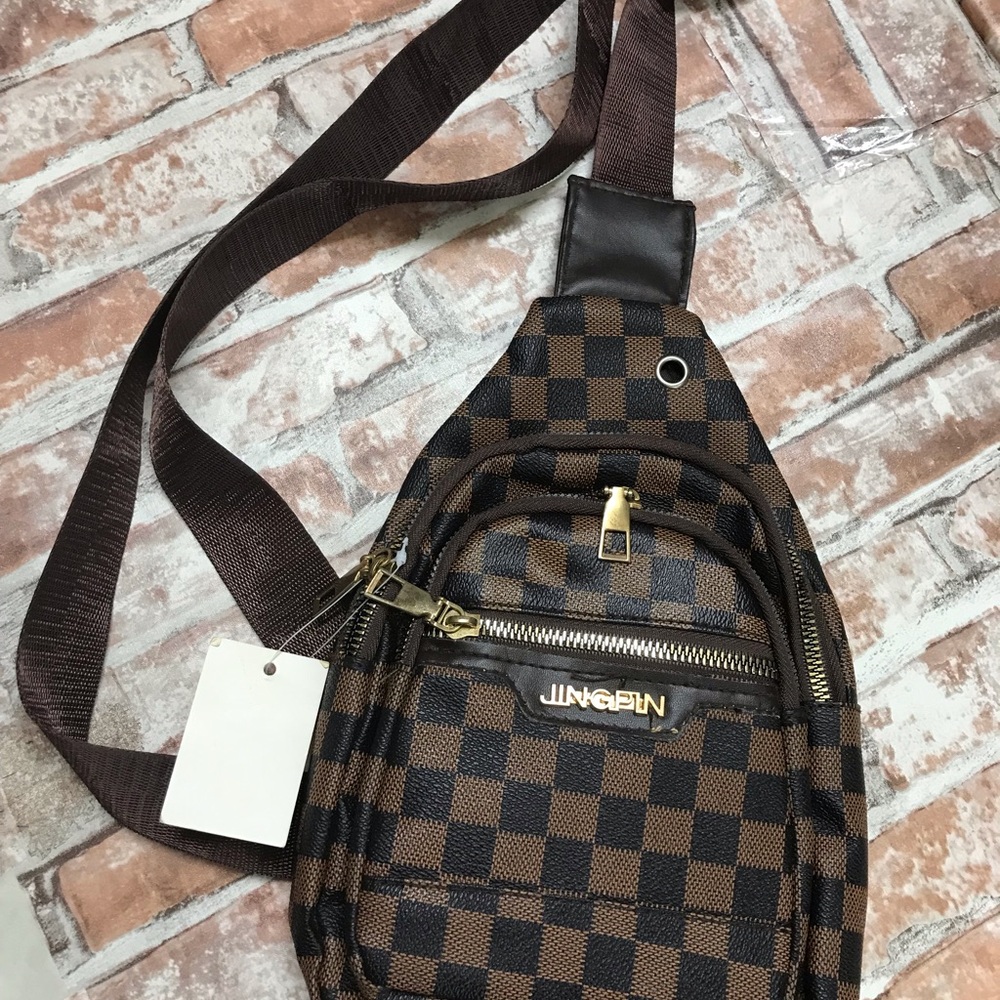 Brown Checkered UNISEX SLING Bag BROWN COLOR - Picture 2 of 7
